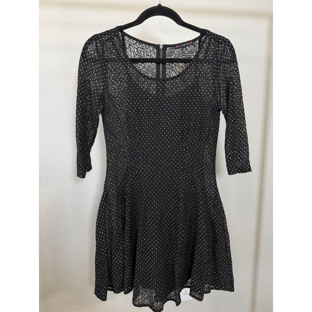 FISHBOWl Women's‎ Black Lace Dot 3/4 Sleeve Zipper Fit Flare Dress M